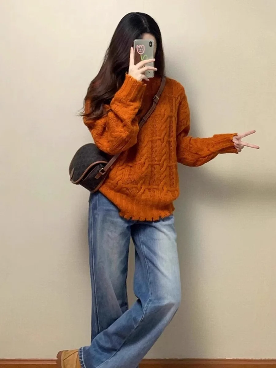 

Korean Sle Thiened Knitted Orange Retro Twisted Sweater Women's Autumn Winter Lazy Sle Soft Loose round Ne Knit...