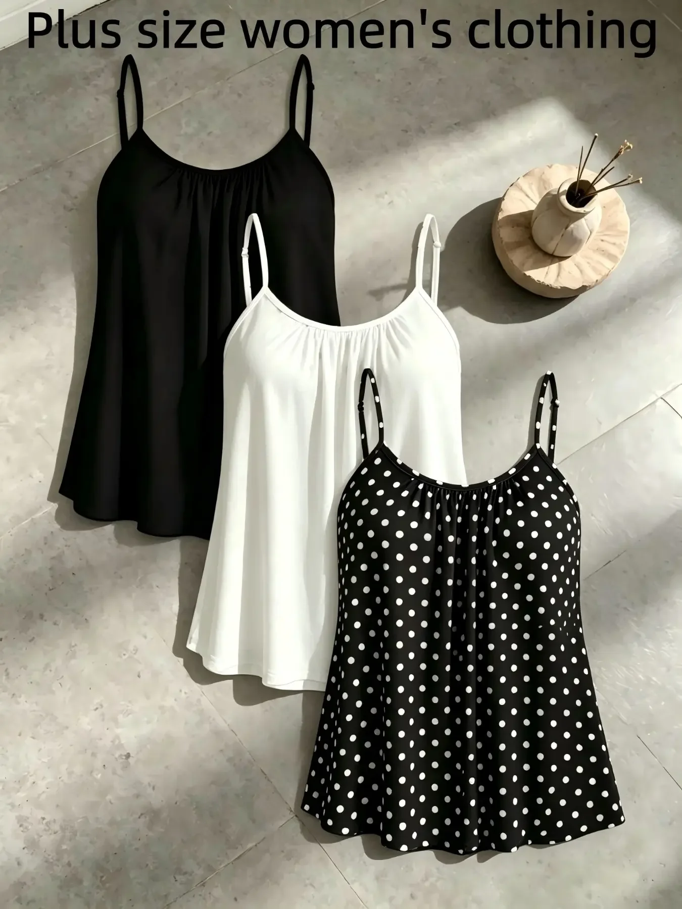 Plus Size 3 Pack Round Neck Thin Strap Pleated Swing Hem Cami Top Loose Fit Y2K Sexy Xmas Party Casual Vest