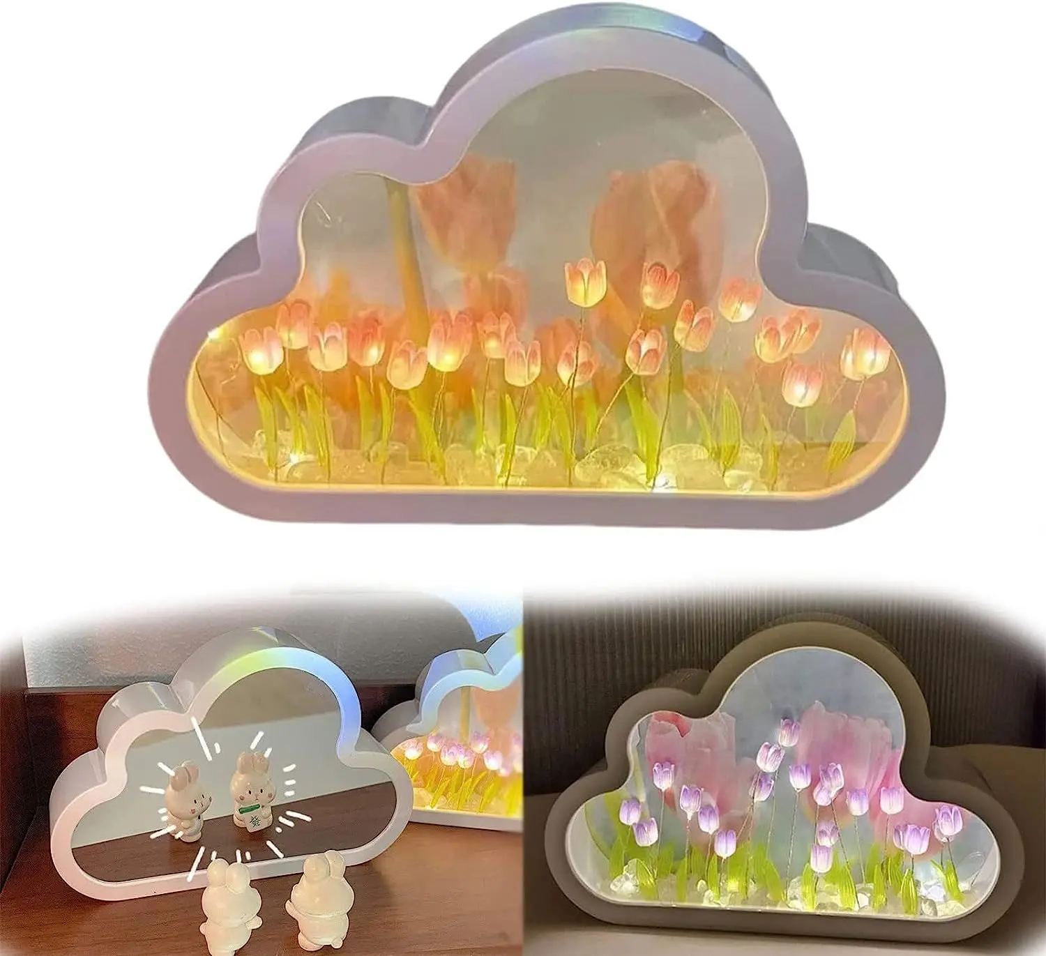 DIY Tulip Night Light Simulation Flower Bedroom Sleeping Table Lamp Home Mirror Decoration Cloud Tulip Mirror Night Light