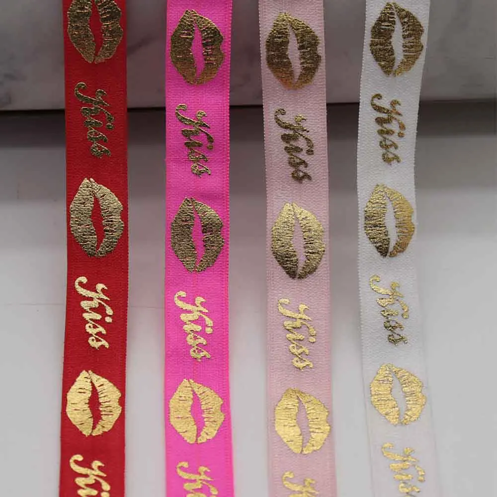 

5/8" 15mm Gold Foil Sexy Lips Kiss Printed FOE Band Fold Over Elastic Ribbon For Valentine Hair Ties DIY Sewing Accessories