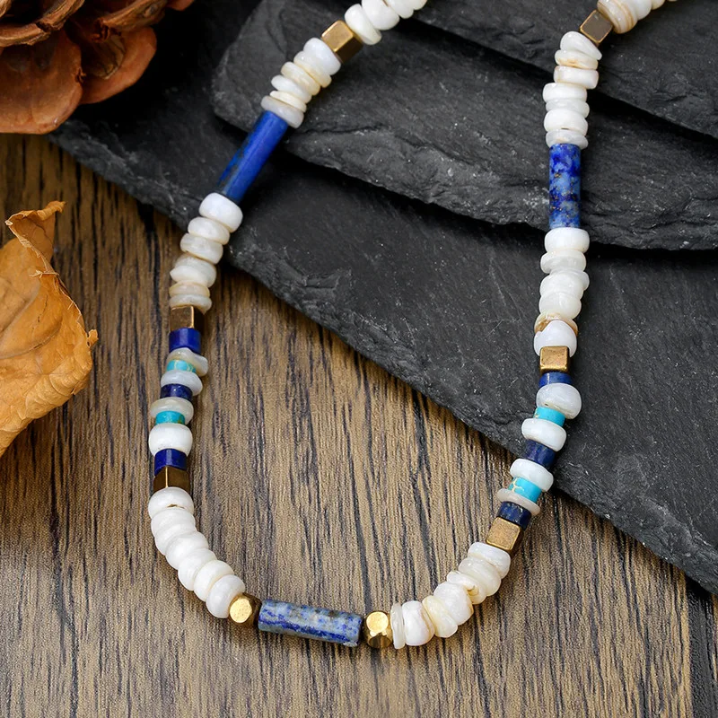 Stainless Steel  Bohemia White Blue Natural Stone Beads Necklace Woman Men Contrast Color Geometric Necklace for Men Jewelry