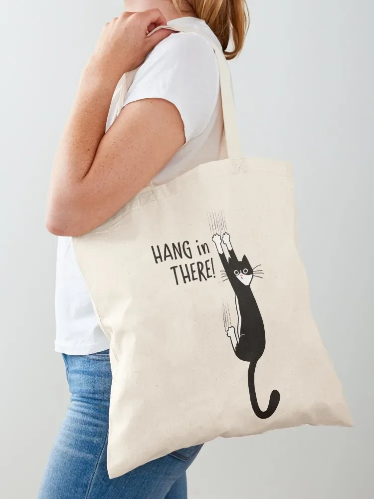 Tuxedo Cat Hanging On Hang In There! Funny Cat Hanging On With Claws Tote Bag hand bag ladies custom tote bag