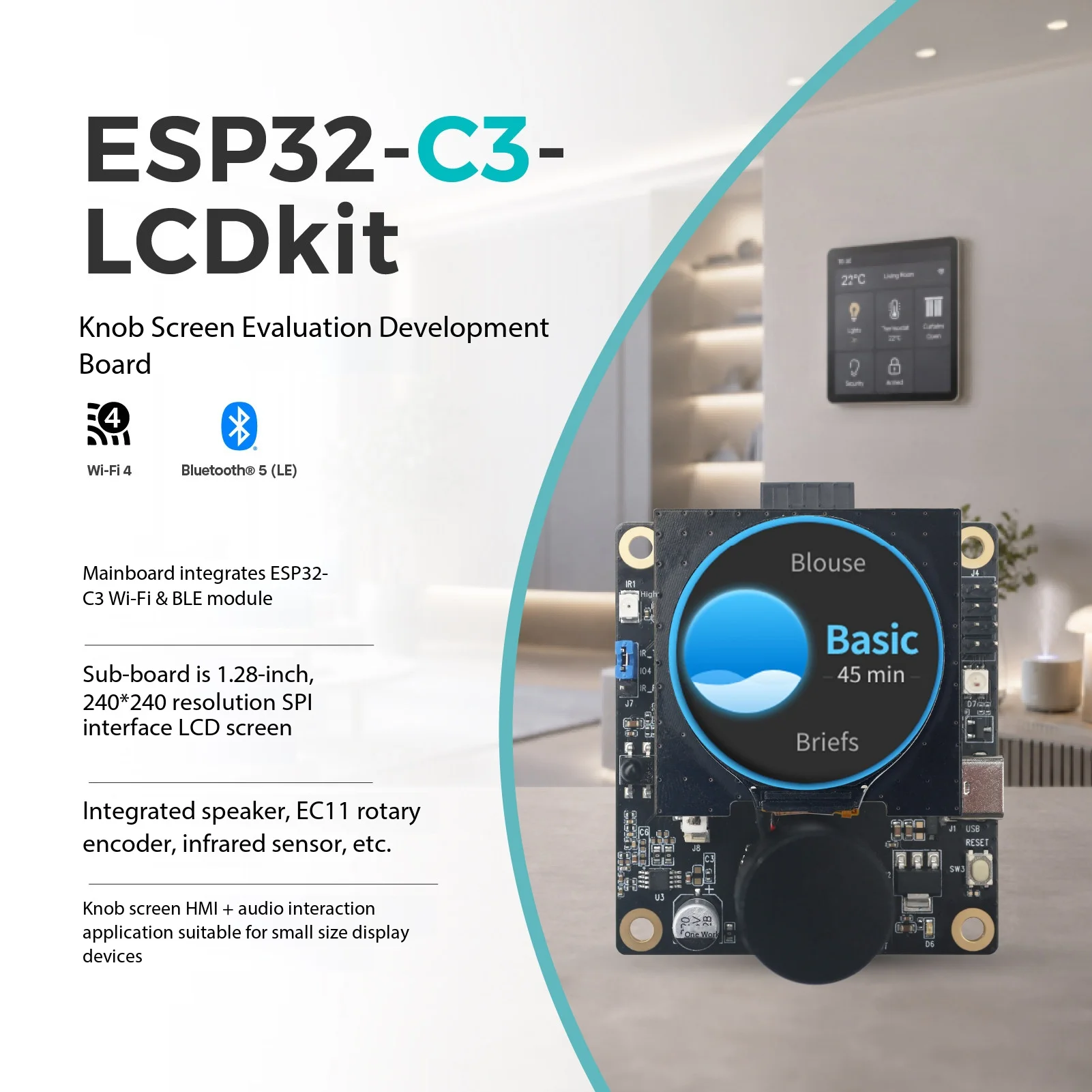 Espressif ESP32-C3-LCDkit HMI Dev Board ESP32-C3-MINI-1 1.28 Inch 240x240 LCD Knob for Lab Teaching IoT Prototyping