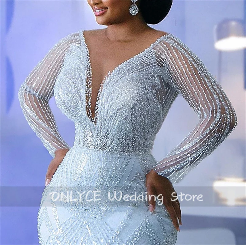 Luxury Beading Mermaid Wedding Dress Long Sleeves Pearls Bridal Gown Vestidos De Novia Puffy Skirt Robe De  Customized