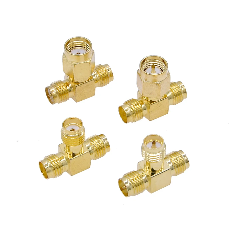 1PCS SMA to Dual SMA Male Female T Splitter Plug 3 Way Adapter RF Coax Coaxial Connector Gold Brass 50ohm