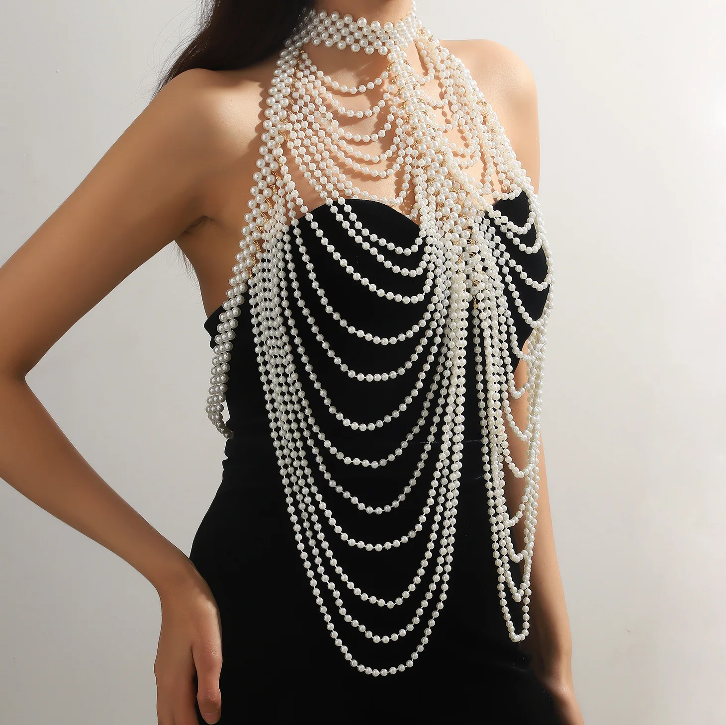 Sexy Pearl Bra Chain Body Jewelry Pearl Shawl Sling Hand-woven Bra Chain tassels Night Club Fashion Birthday Party Body Chain