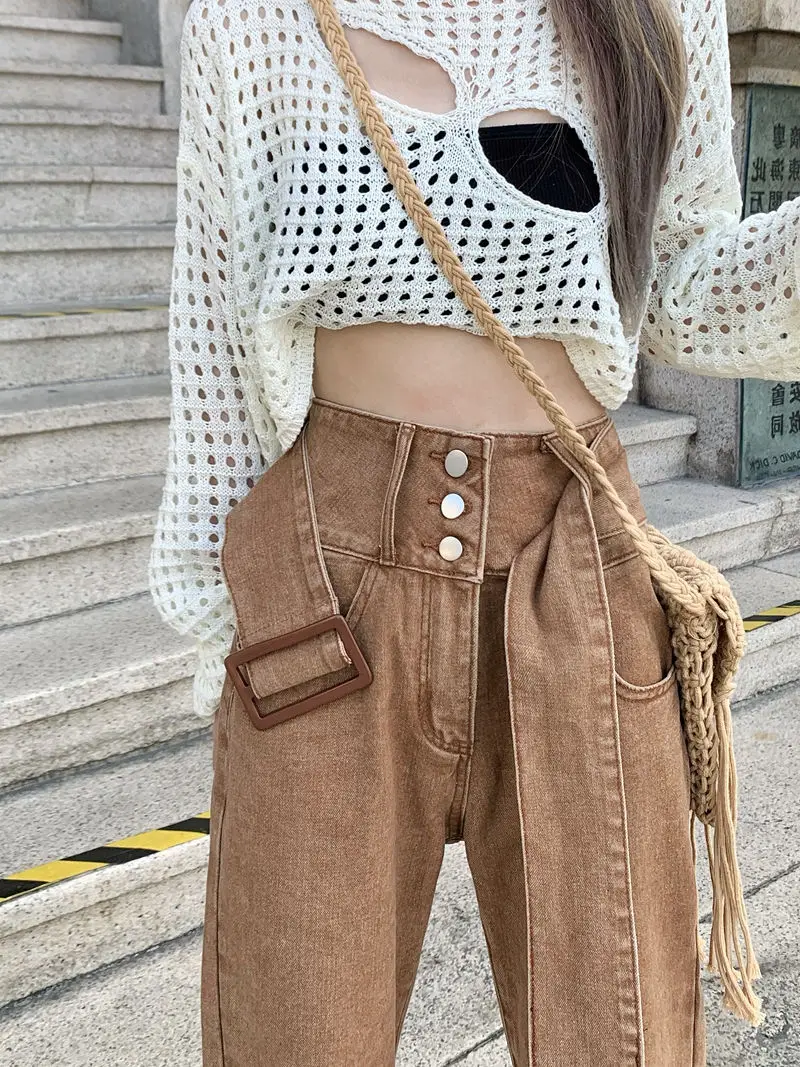 American Retro Micro-Launched Jeans Women'S High Waist Autumn Winter Design Sense Niche Brown Straight High Street Pants Tide