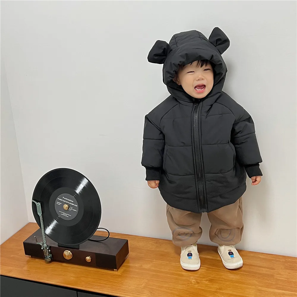 2024 Winter New Baby Cute Bear Ear Hooded Coat Plus Velvet Thick Children Casual Down Clothes Solid Boys Girls Padded Jacket