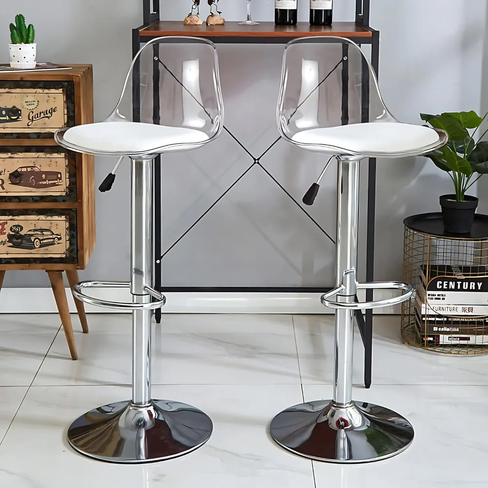 Taburetes de bar Juego de 4, taburetes de bar giratorios ajustables de cuero Pu taburete de bar de altura de mostrador de cocina taburete de bar transparente con ergonomía respaldo