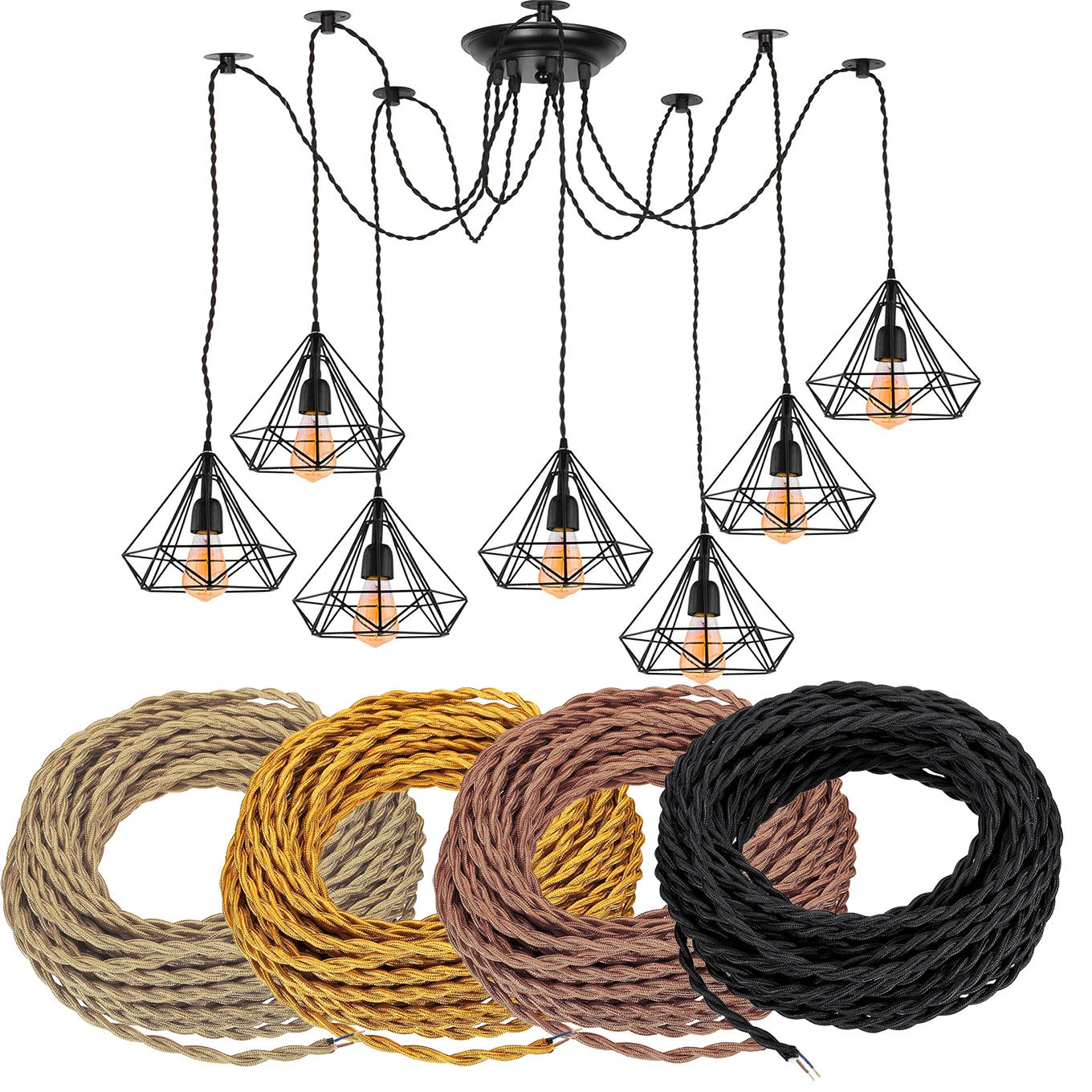 

Удлинитель электрический из витого кабеля 500 см / 196,85 дюймов - доступен в различных цветах, минималистичный современный винтажный стиль, для самостоятельной установки