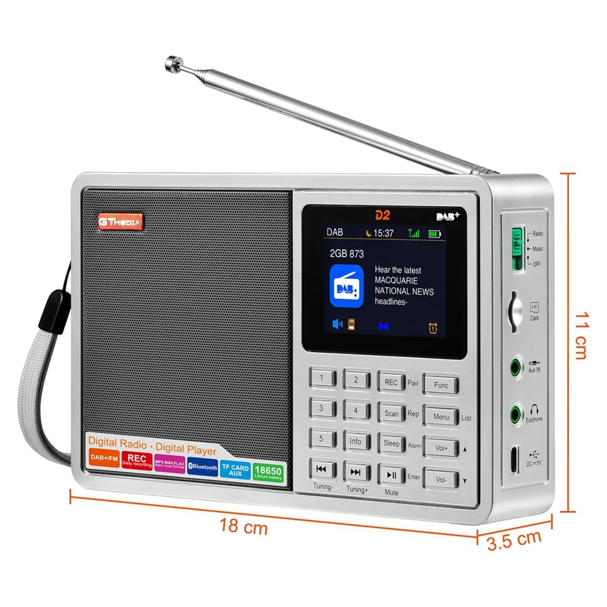 

AU47-GTMEDIA D2 Portable Radio FM/DAB+ Digital Radio with RDS, 2.4Inch LCD Display, 60 Preset Stations, Enhanced Reception