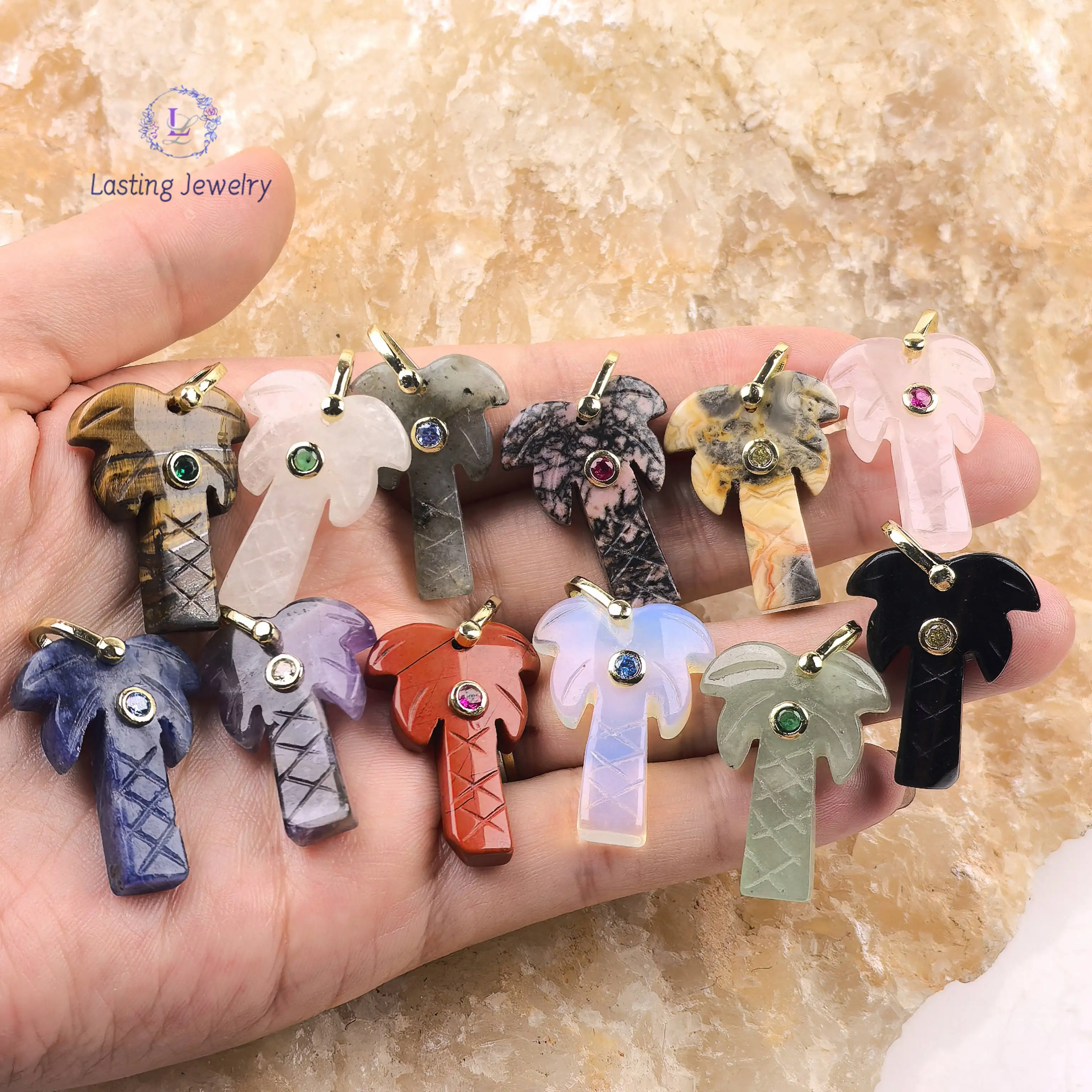 

Carved Crystal Coconut Tree Pendants With Inlaid Colored Zircon Beads Healing Quartz Gemstone Charms For Necklace Jewelry Making