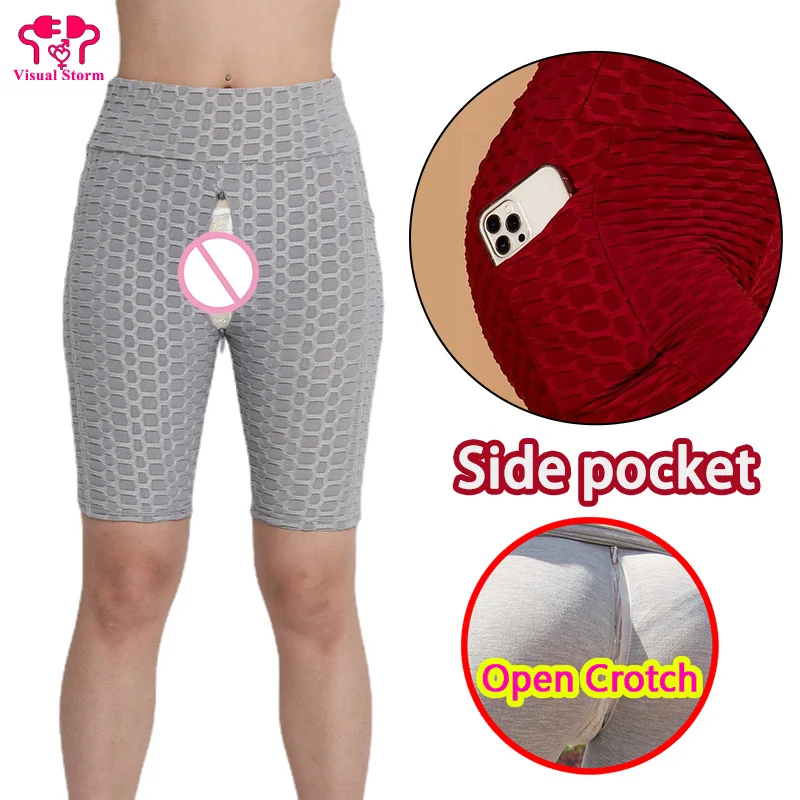 

Woman Open Crotch Pants Biker Shorts with Pocket Crotchless Wide Waistband Sexy Leggings Butt Sports Panties Gym Running Tights