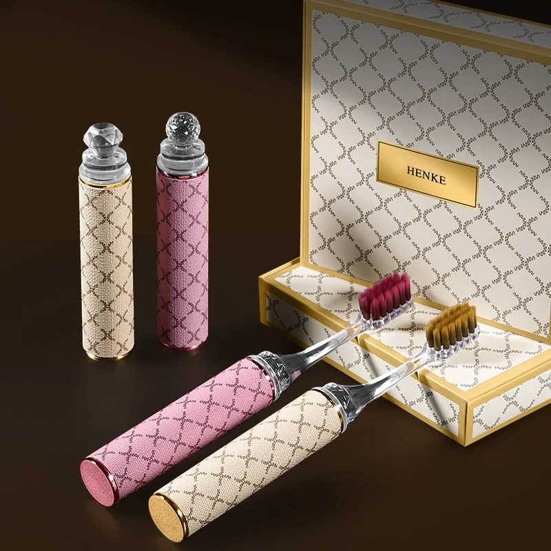 [4-Pcs Gift Boxes] Platinum powder with creative lipstick shape, removable handle, soft-bristle household adult couple toothbrus