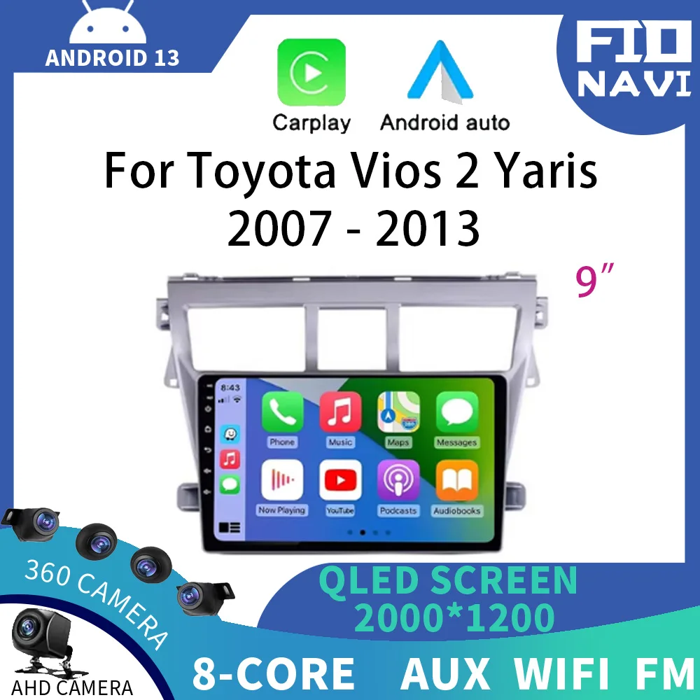 

Android 13 For Toyota Vios 2 Yaris 2007 - 2013 Car Radio 4G WIFI Navigation GPS Multimedia Stereo Video Player Carplay Auto QLED