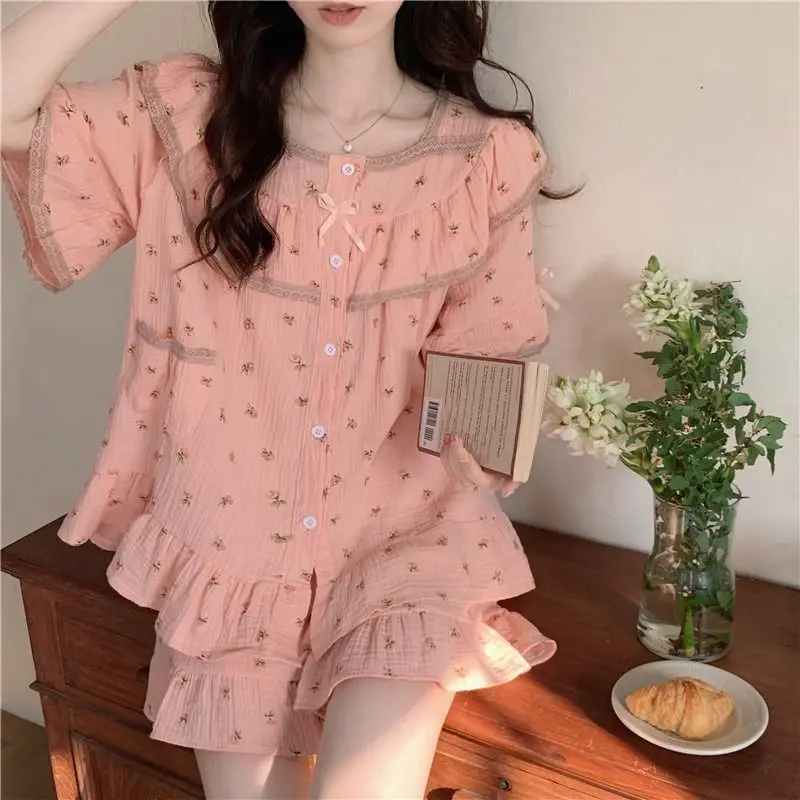 Kawaii Clothing Woman Pajamas Lace Short Sleeve Tops Shorts Two Sets Pajama Sets Summer Thin Loungewear Nightwear Printed New