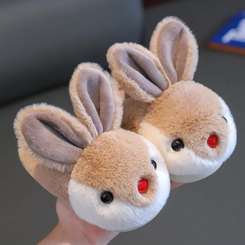 Children\'s Cute Cartoon Rabbit Plush Slippers Thick Sole Non-slip Winter Warm Baby Boys Girls Kids Indoor Home Cotton Shoes