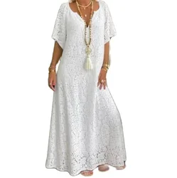 Elegant Solid Color Lace Crochet Dresses Women Summer Casual Vacation Comfortable Dress Female V Neck Pullover Floor-length Gown