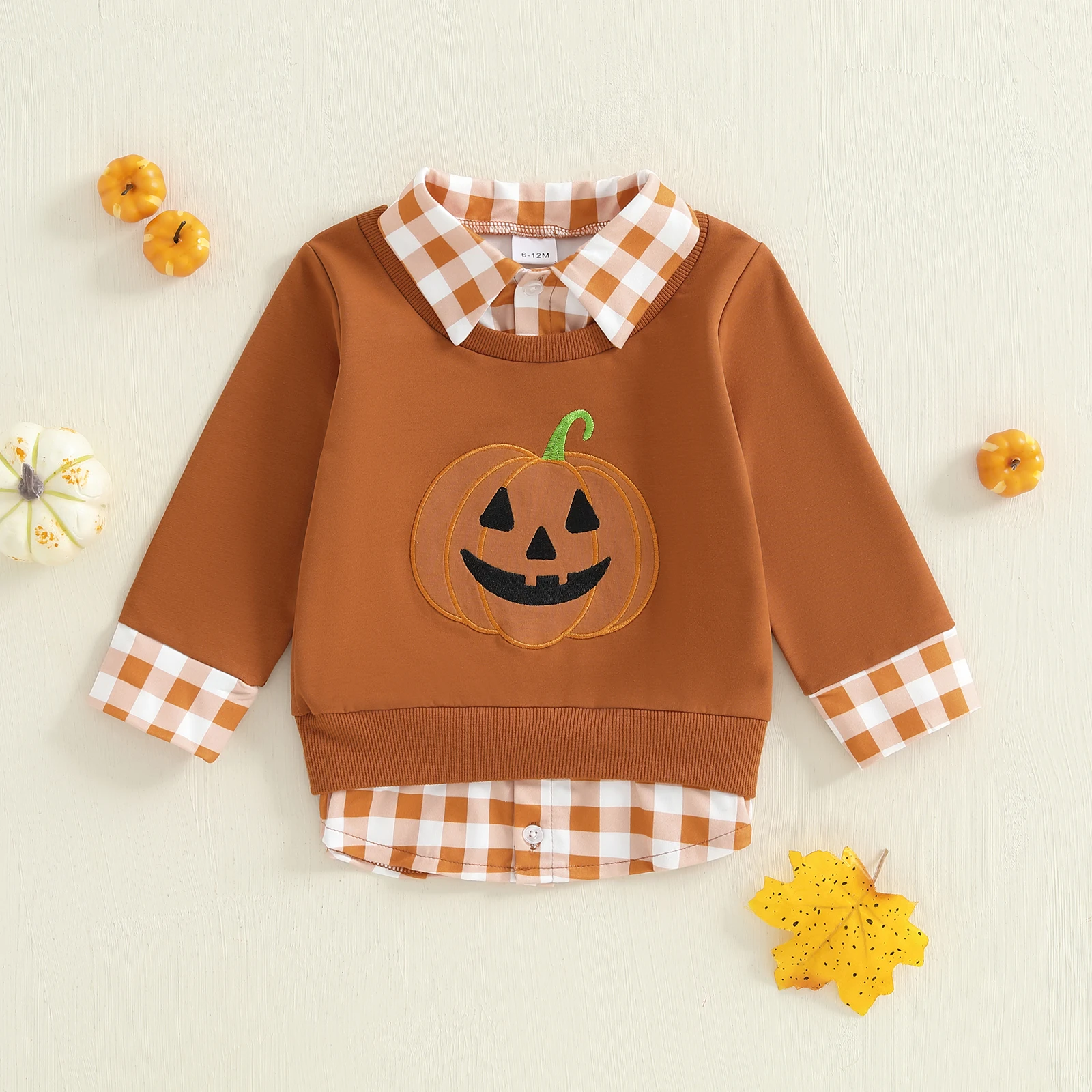 

Толстовка на Хэллоуин для маленьких мальчиков, милая одежда, повседневные клетчатые лоскутные топы с длинными рукавами и вышивкой тыквы/грузовика для малышей