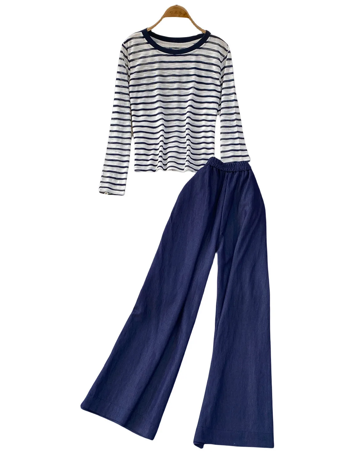Faionable Koreaanse Sle Dames Gebreide Set Ronde Ne T-shirt En Hoge Taille Wijde Pijpen Broek Gestreept Casual Loose Fit pak