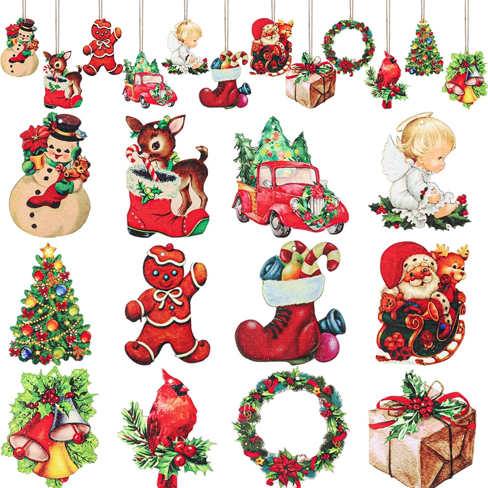Vintage Christmas Wooden Ornaments, Retro Xmas Tree Hanging Decorations Santa Snowman Gingerbread Gift Tags