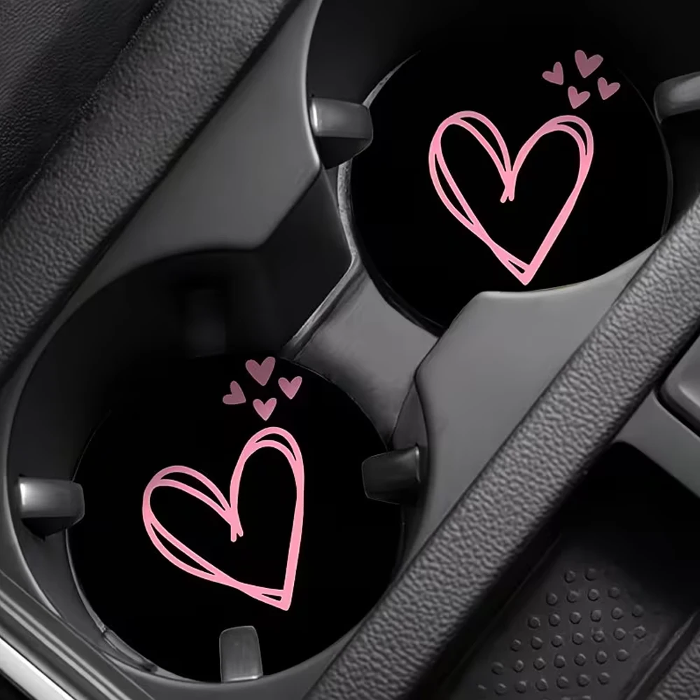 2 Pink Heart-Printed Car Coasters |   Water-Absorbent, Splash-Proof, Easy to Clean, Suitable for Office/Home/Car Use, Is an Ideal Gift for Valentine's Day/Birthday, Enhances the Interior Decoration of the Car, Compact and Portable.