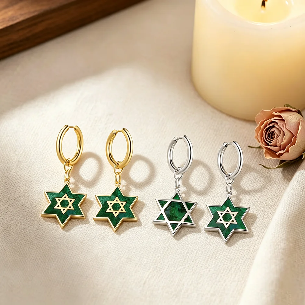 Star of David Hexagram Hebrew Chai Stainless Steel Earrings for Women Eilat Stone Picture Judaica Jewish Religious Jewelry