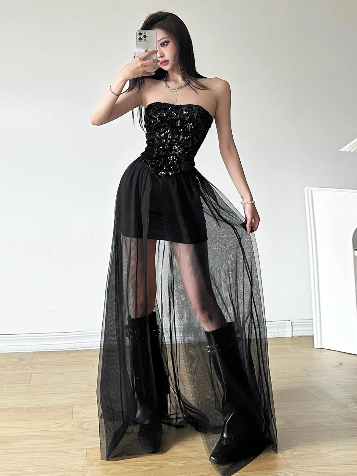 Vestido Midi E Sem Alças com Brilho para loween, Design F com Malha e Cobertura para o Bumbum, Estilo de Rua...