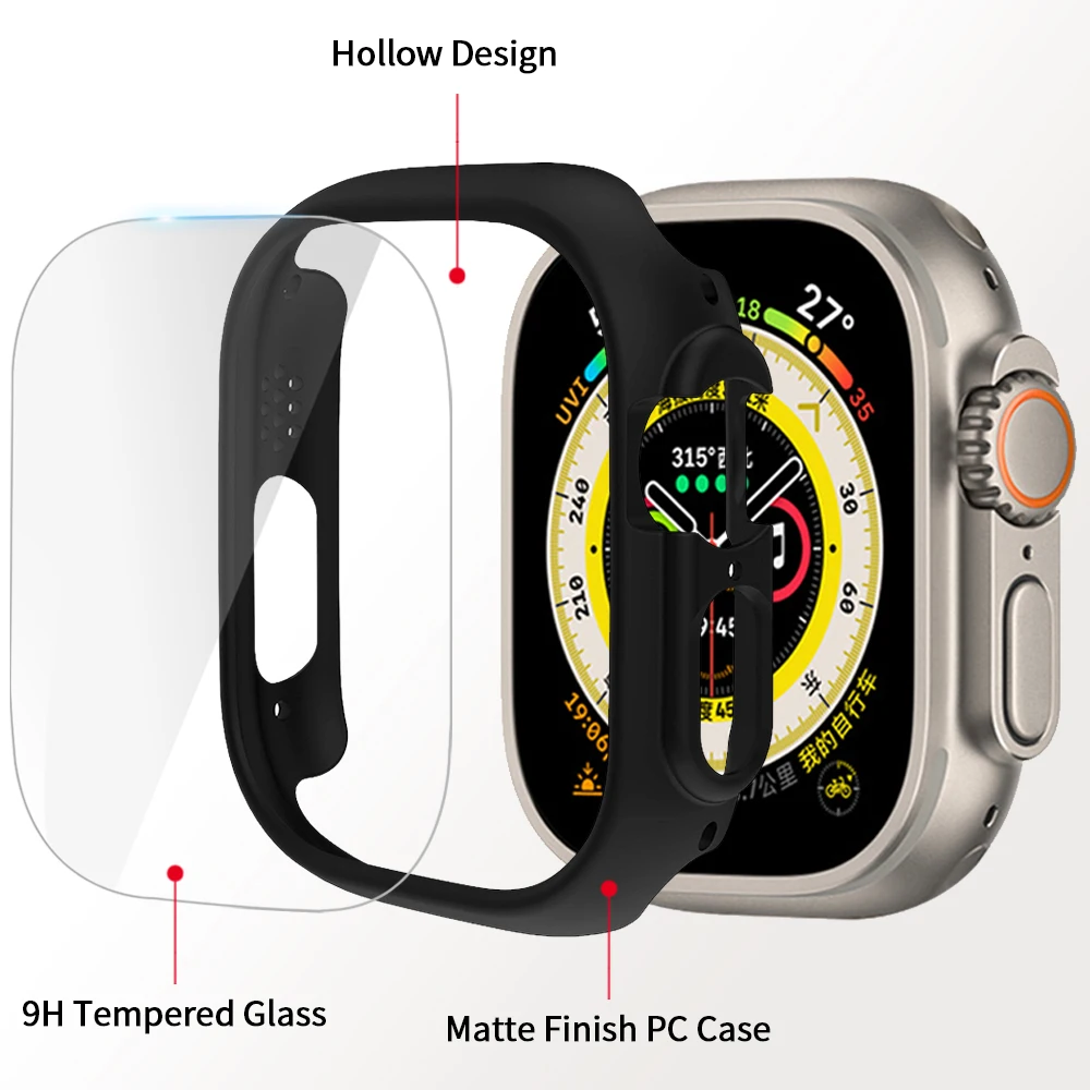 Case+Glass for Apple Watch 7 8 9 Ultra 49 Tempered Screen Protector PC Hollow Frame Bumper Protective Cover for iwatch Ultra 49m