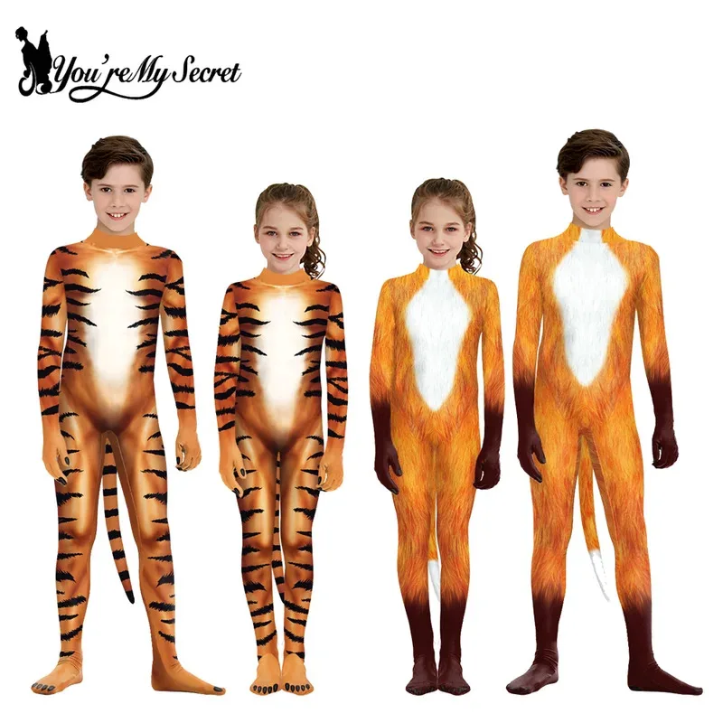 

l2025l New Cosplay Animal Costume Leopard Printed Bodysuits for Boys Girls with Tail Carnival Party Performance Costumes