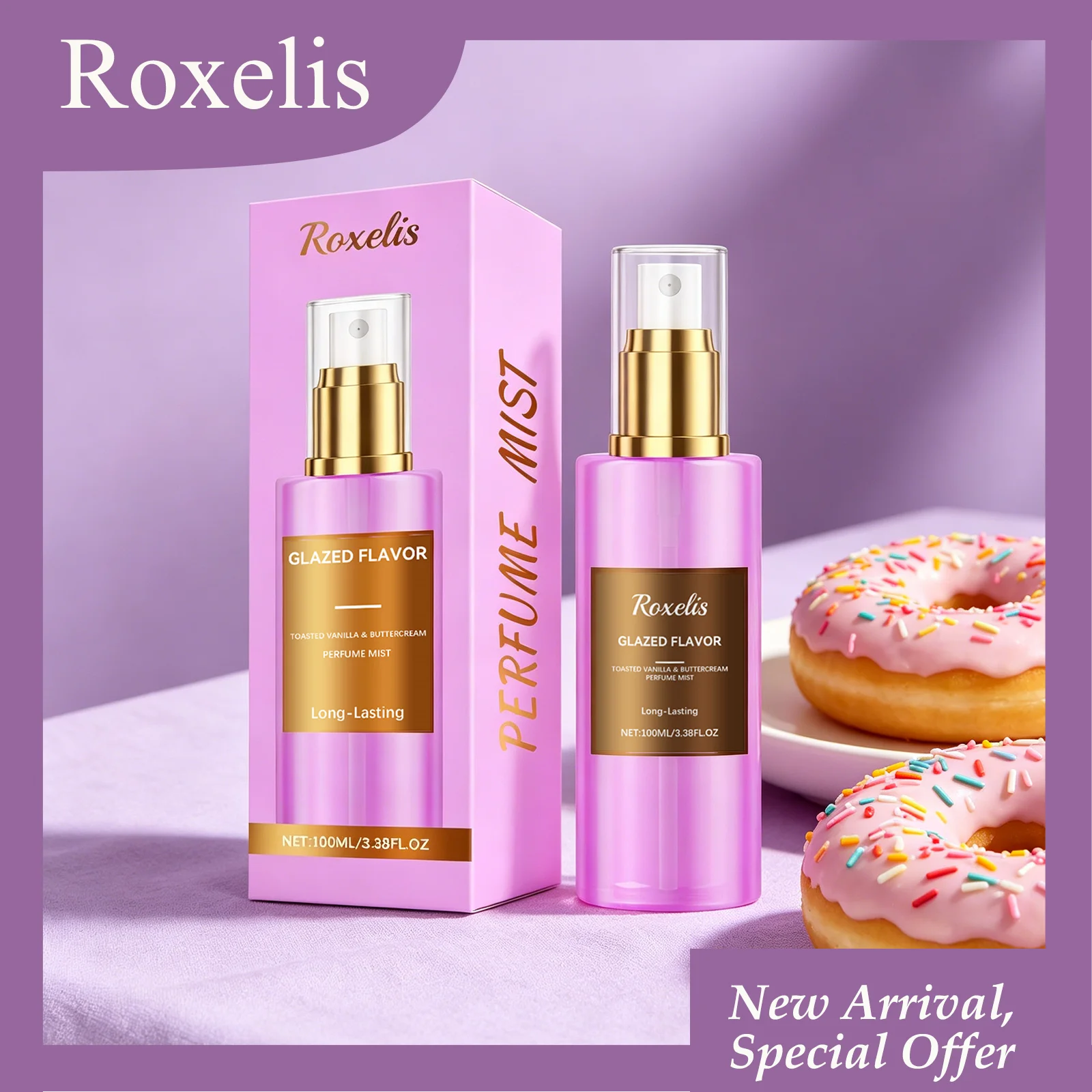 

Roxelis 100mL Donut Vanilla Fragrance Body Mist Unisex Perfume Spray Multi-Layered Scent Notes Long-Lasting Fragrance Mist