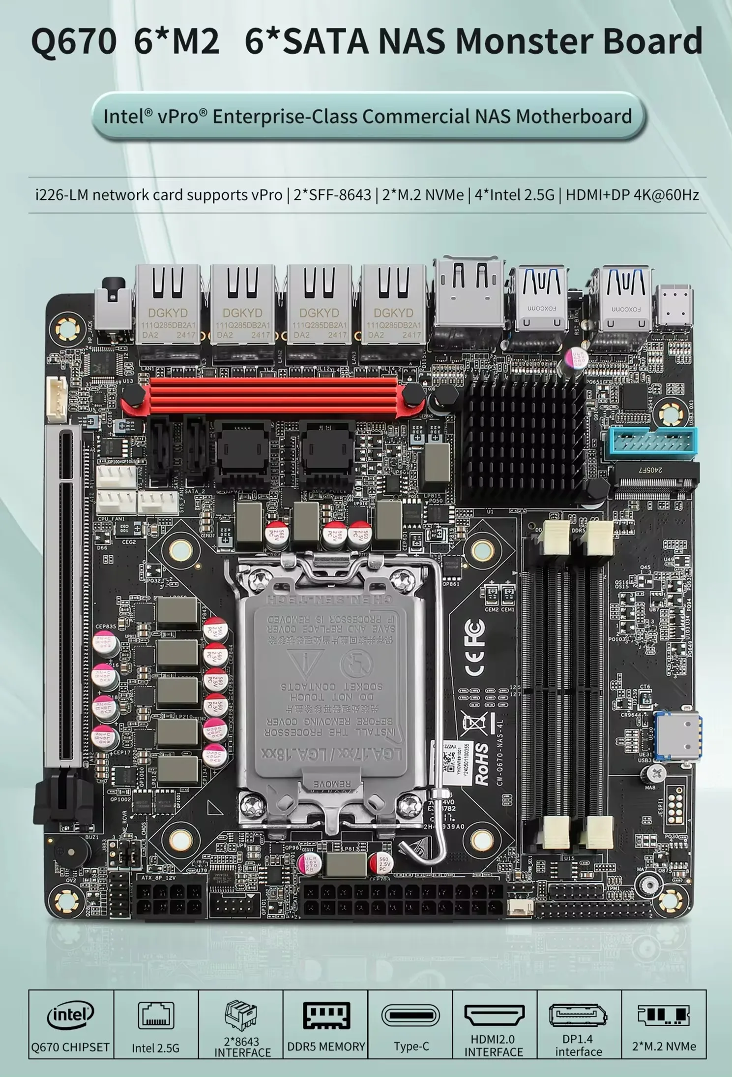 Imagem -02 - Placa-mãe Intel-vpro Q670 Nas Placa-mãe Max Nvme Sata 3.0 12 13 12th Gen Lga1700 Pcie5.0x16 Ddr5 Lan 4*2.5g Firewall Itx