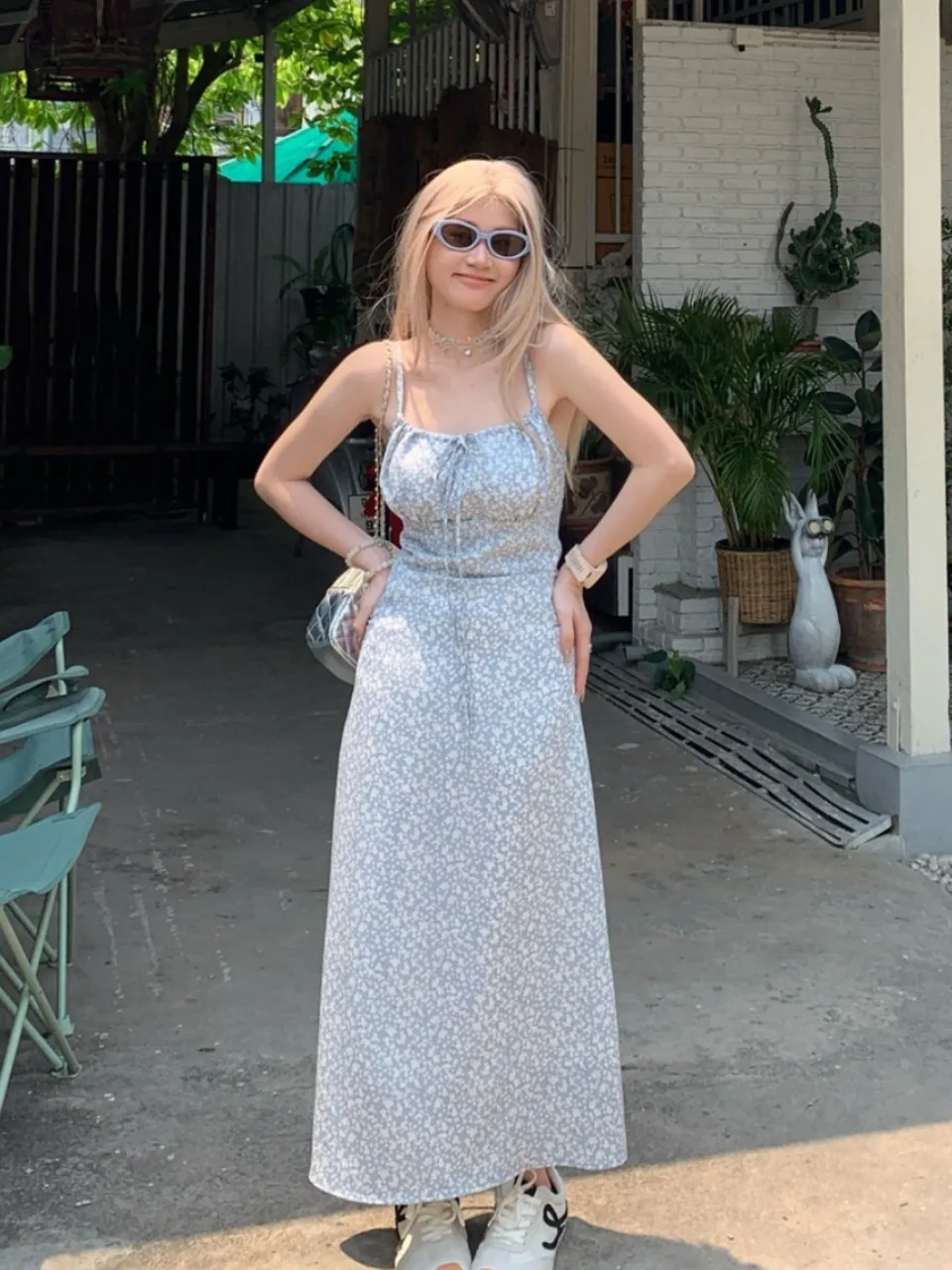 

Новинка: Женское летнее платье больших размеров с цветочным принтом, синее, на бретельках, с эффектом утяжки талии, длинное, в корейском стиле, для повседневной носки