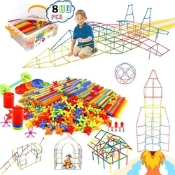 DIY Construction Toys 800 Pieces Straw Toys Plastic Indoor and Outdoor Toys Building Blocks Toys Educational Montessori Toy