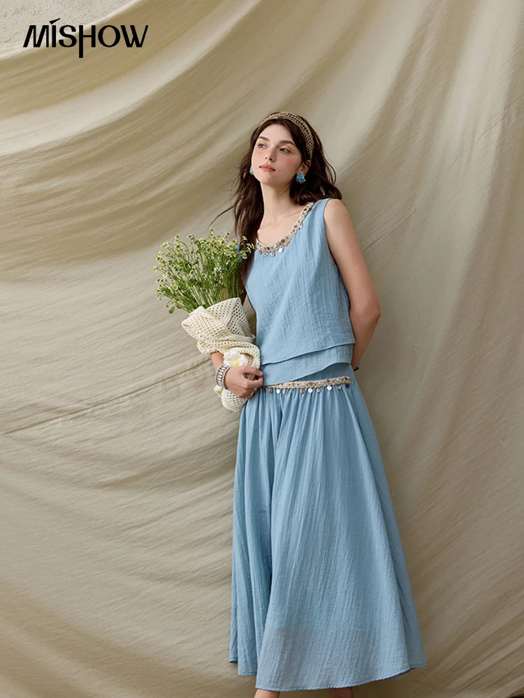MISHOW Office 레이디 여름 조끼 스커트 세트 여성 2025 Sheel 리본 솔리드 라운드 넥 탑 루즈 하이 웨스트 스커트 여성 MXE32T0556