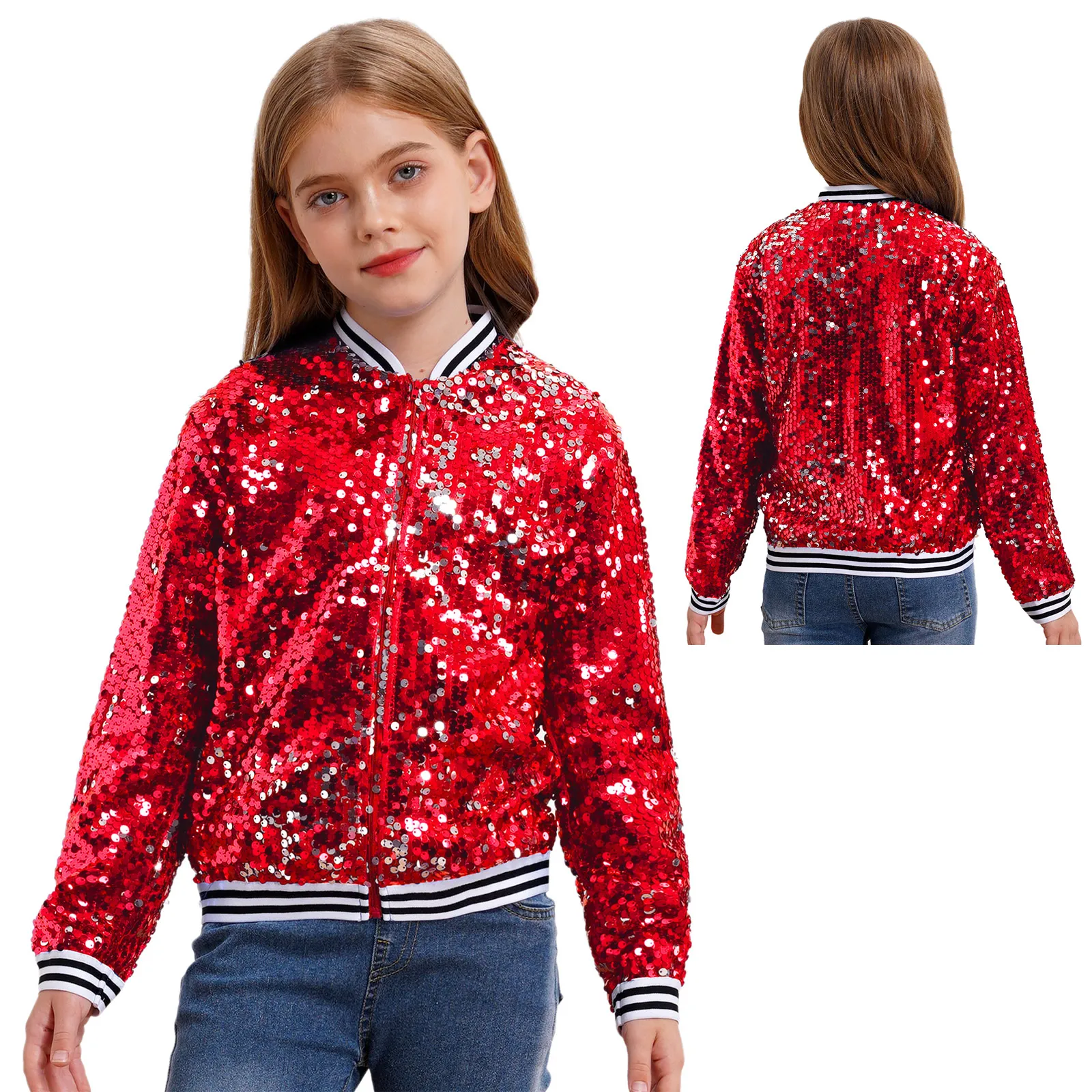 Kids Girls Shiny Sequins Hip Hop Jazz Dance Costume Long Sleeve Baseball Jackets Zipper Coat Carnival Bomber Jackets Streetwear - view 2
