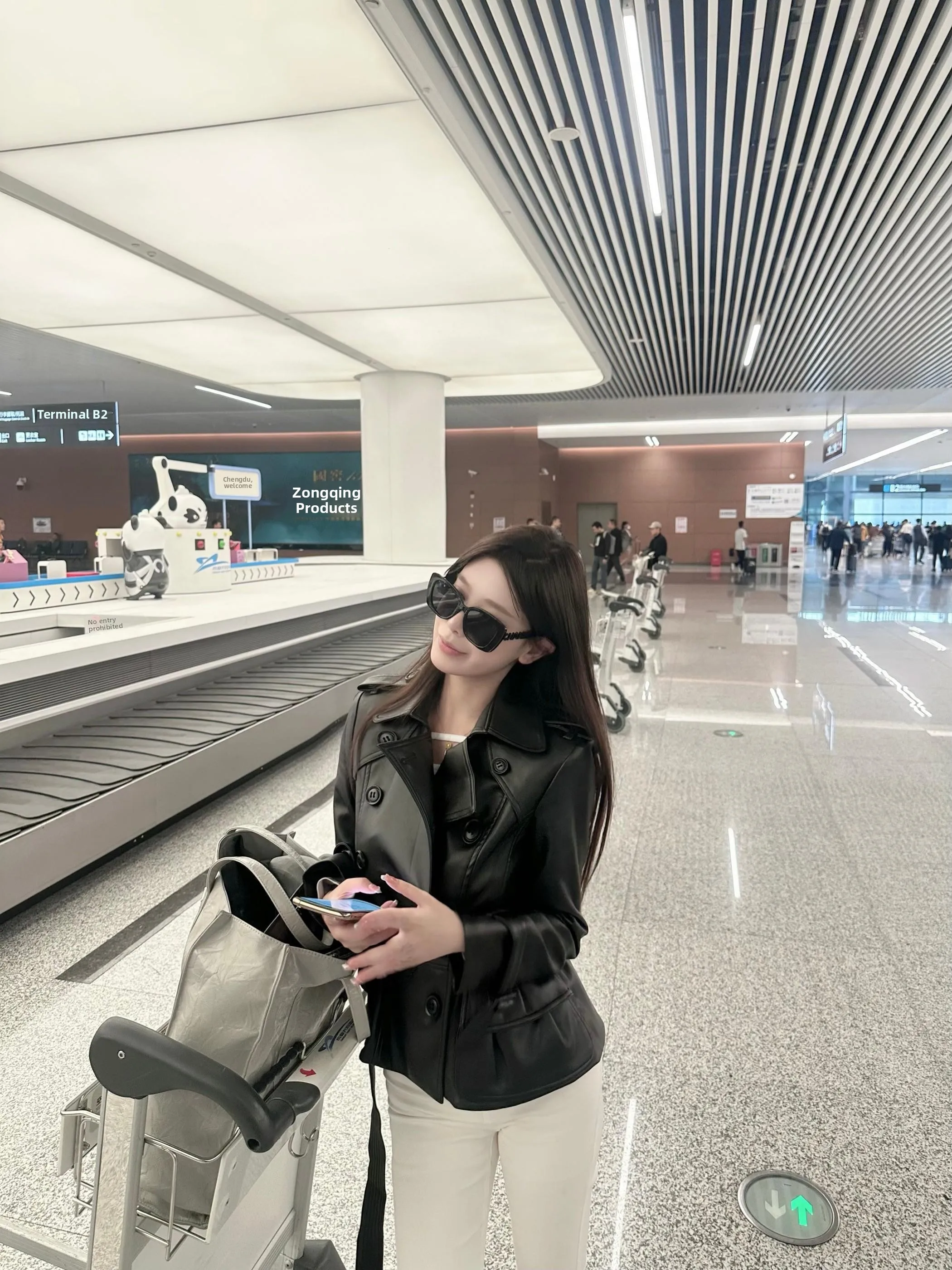 

Chen nduo Korean Sle Motorcycle Jaet Women's Waist-Cinching Belted Coat Double-Row Buttons Slim Fit PU Leather Coat