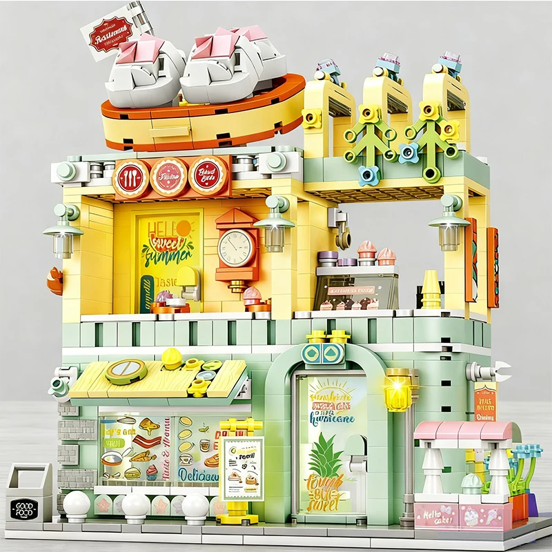Bloques de construcción de arquitectura urbana, cafetería, vista a la calle, casa de comida, tienda, modelo creativo DIY, juguete para niños, regalo de cumpleaños y Navidad