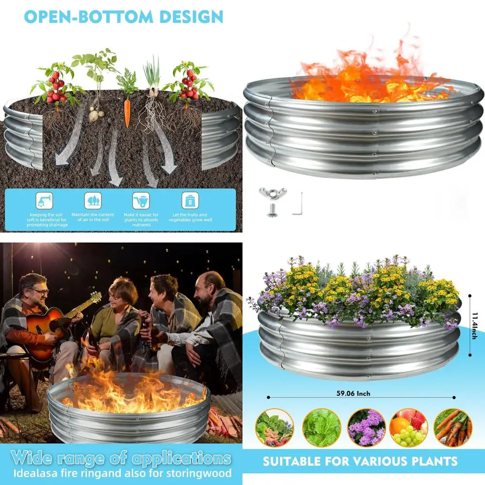 5FT Circular Galvanized Steel Fire Pit, Heavy Duty Outdoor Backyard Bonfire Ring, 5x5x1FT