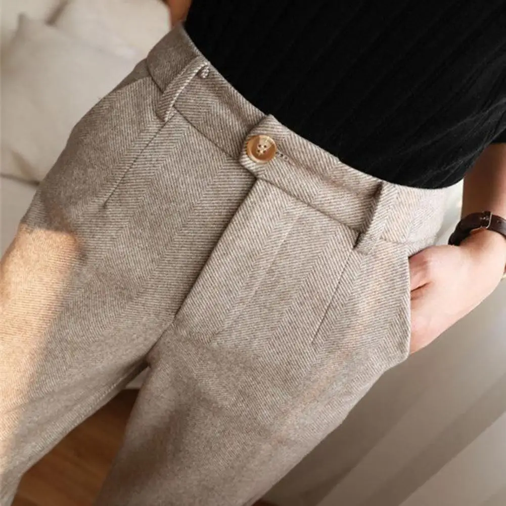 

Solid Color Suit Pants Herringbone Print Women's Suit Pants High Waist Slim Fit Thick Warm with Pockets for Formal for Women
