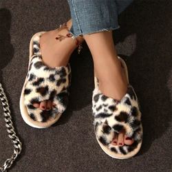 Fashion Leopard Print Fluffy Slippers Women Non-slip Open-toe Warm Home Cotton Shoes Female Comfort Flat Heel Plush House Slides