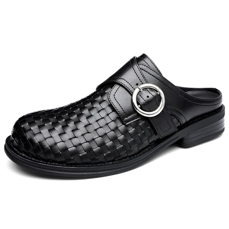 

New Men's Woven Breathable Casual Leather Shoes Spring Summer Buckle Designer Mules Male Fashion Black Half Slipper Shoes Man
