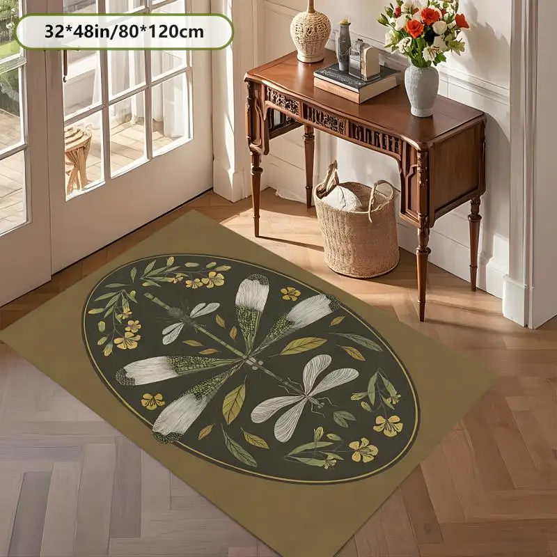 Vintage Symmetrical Dragonfly Floral Rug Soft Velvet Living Room Bedroom Entryway Decor