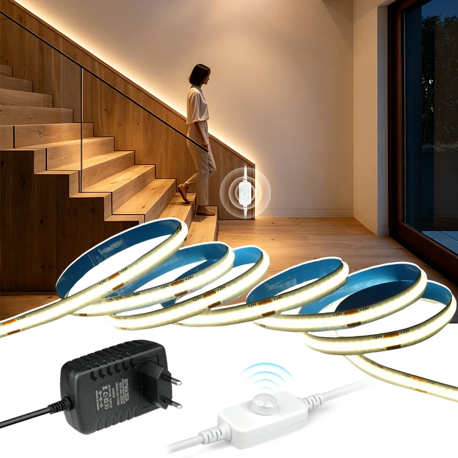 1-10M COB Led Strip 24V With Motion Sensor EU/AU/UK/US Plug 24v Cob Led Ribbon White/Warm White/Cool White For Closet Stair