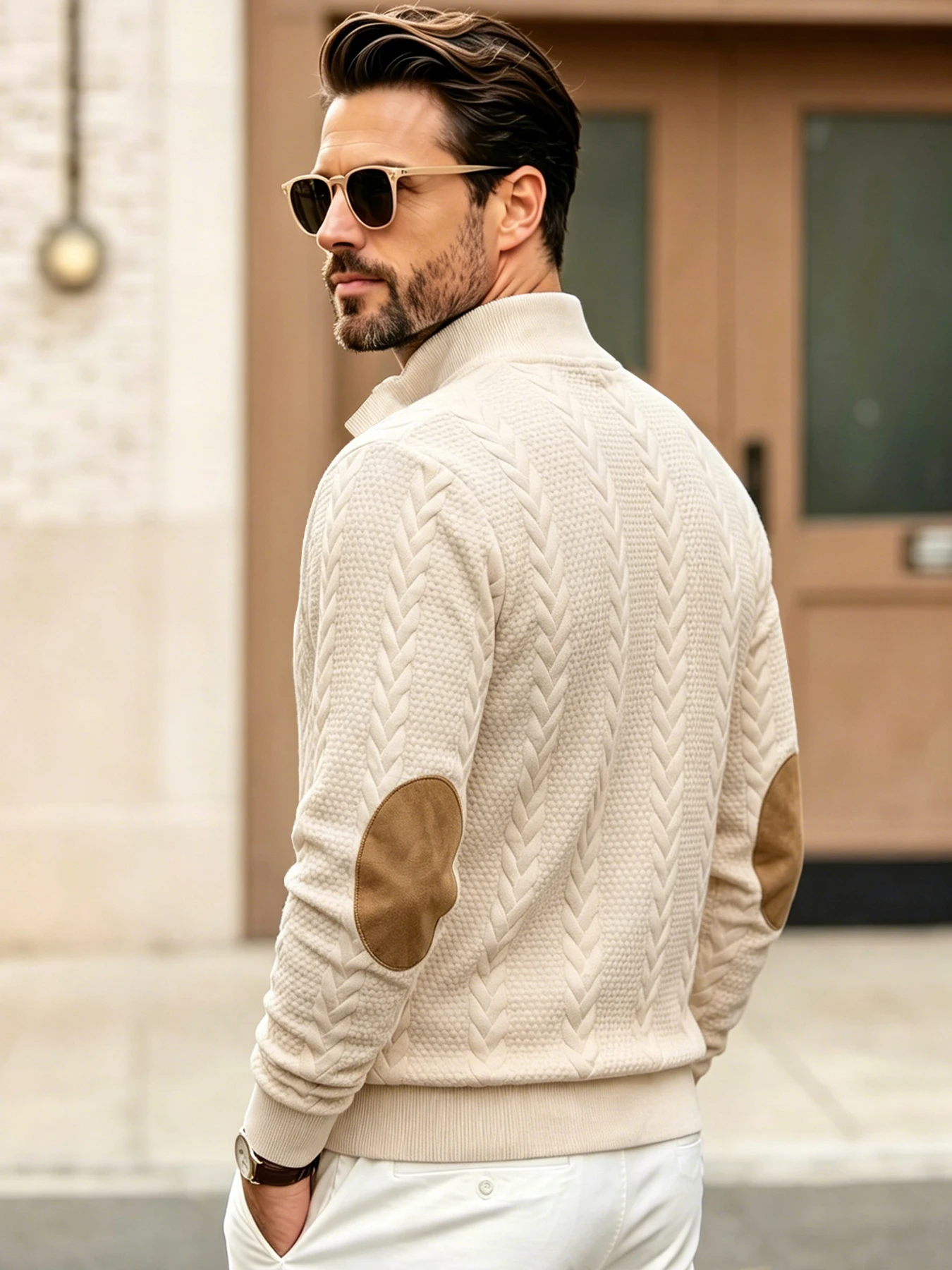 Men Daily Wear Pullover Sweatshirt Classic Cable Knit Design Stand Collar Button Placket Elbow Patches Soft Comfortable