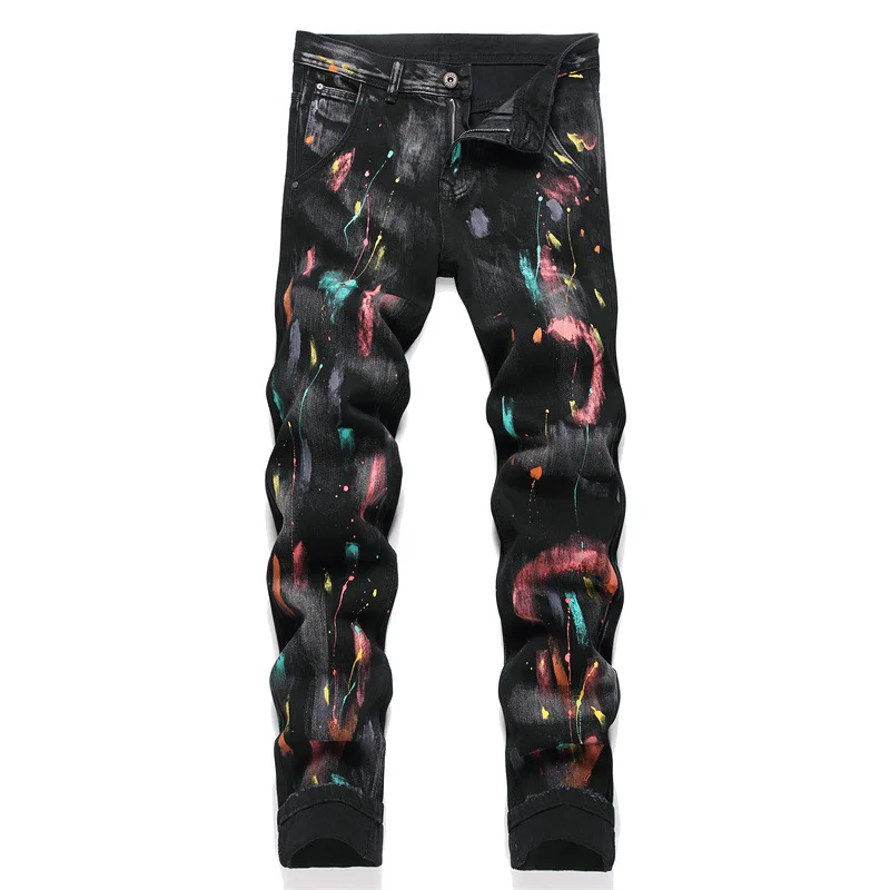 New Punk Style Colored Paint Black Jeans Slim Mid-Waist Straight Casual Pants Men Fashion Denim