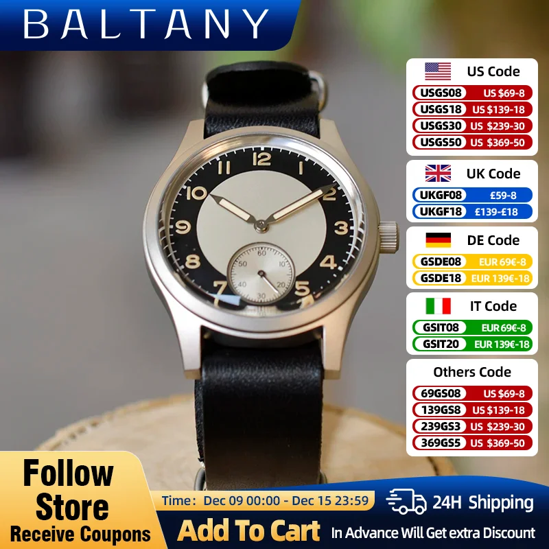 Baltany 36mm Sterile Dial Vintage Watch VD78 Hacking Seconds Quartz Stainless Steel  Tribute Retro Tuxedo Men Watch