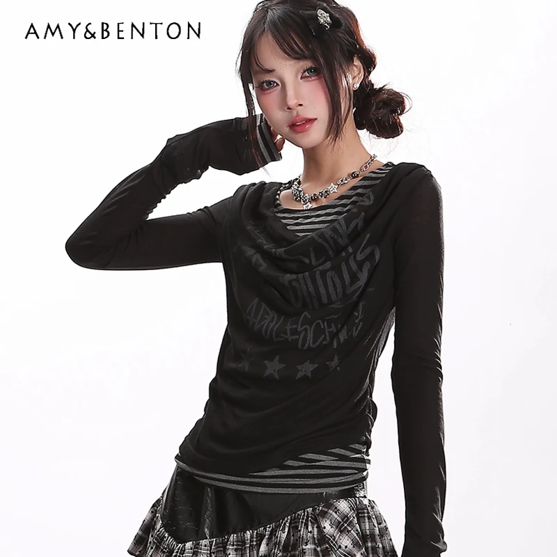 

Autumn New Subculture Retro Hot Girl Women's T-Shirt Original Design Fake Two-Piece Layered V-Neck Long Sleeve T-Shirts Ladies