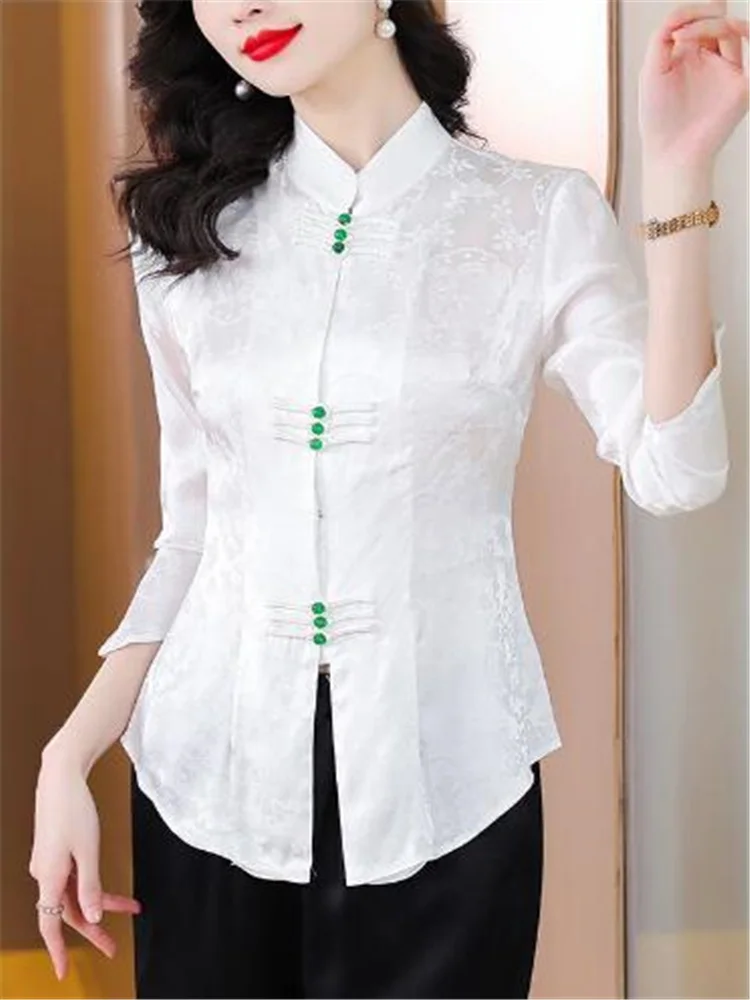 Blus Vintage wanita, baju sutra imitasi wanita, blus kancing berdiri, baju wanita Retro China