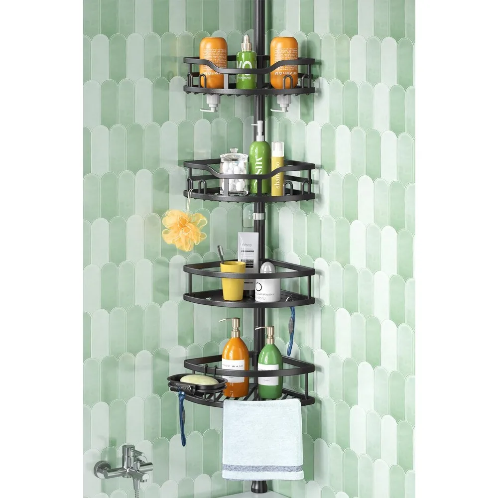 

Corner Shower Caddy Tension Pole: Rustproof Stable 4-Tier Bathroom Organizer Shelves for Bathtub Shampoo Storage Bath Baskets